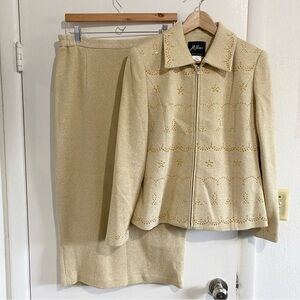 Milano Women’s M Gold Lurex Suit Set Jacket Skirt Embellished Rhinestone Formal